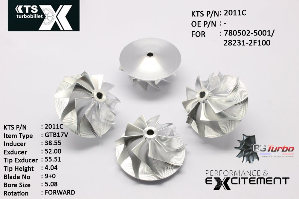 Turbo ROUE FORGÉE MFS PERFORMANCE - 9+0 PALES - INDUCER : 38,55 - EXDUCER : 52 - TYPE : GTB17VANGLE : 60° - ROTATION : Forward - SUPER BACK : 3,9 - BORE SIZE : 5,08
